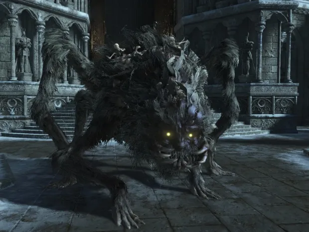 Concept art: a hulking beast wearing faces, eyes glowing