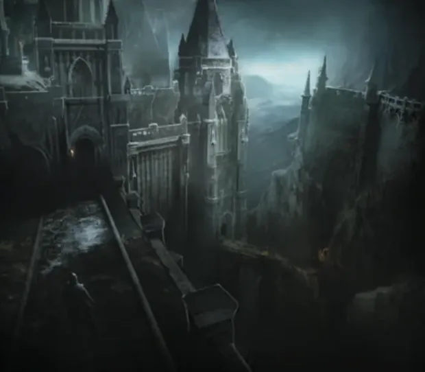 Concept art: a fog-bound citadel and bridge above the town
