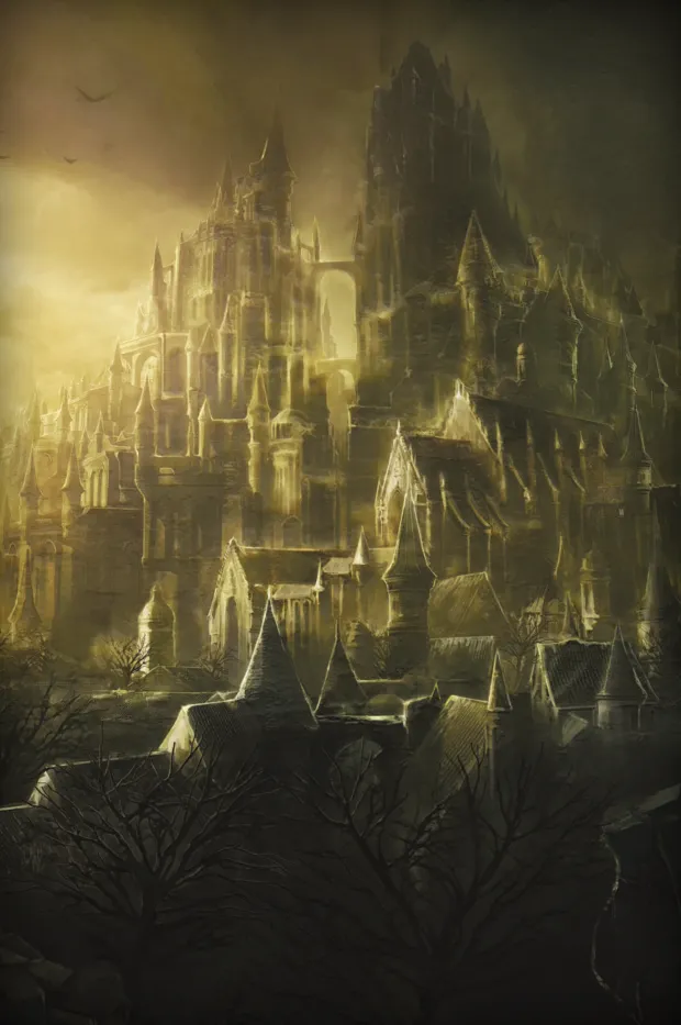 Concept art: a golden city of spires above sunlit rooftops