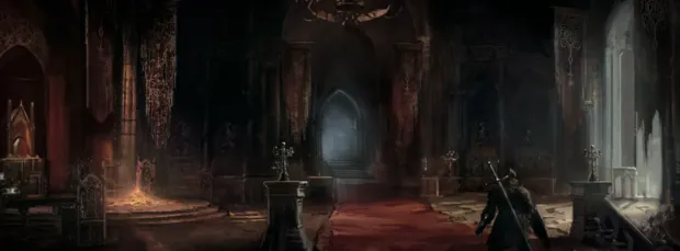 Concept art: a warrior entering a candlelit manor hall