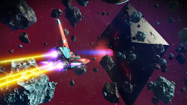 A starship threading an asteroid field past a monolith