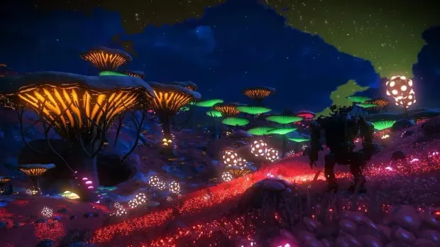 A traveller crossing a bioluminescent fungal plain