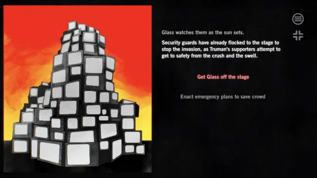 In-game scene: a tower of televisions against an orange sky during a broadcast