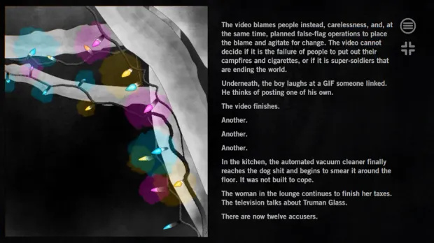 In-game scene: a hand wrapped in fairy lights while the news assigns blame