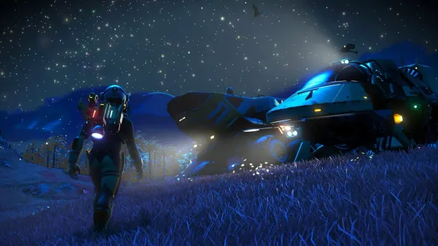 A traveller beside a landed starship on a night planet