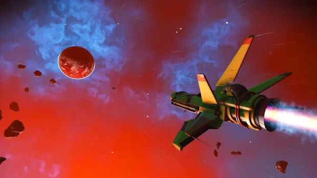 A starship burning through a red nebula