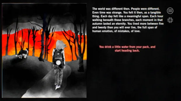 In-game scene: Abigail walking a dark road through a burning forest